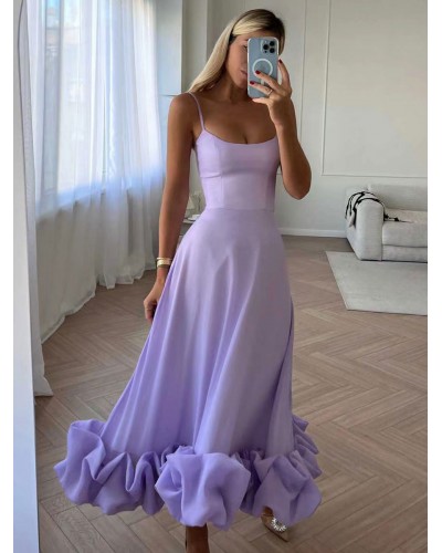 Women Party Dresses Lilac Straps Neck Pleated Sleeveless Layered Semi Formal Dress Maxi Summer