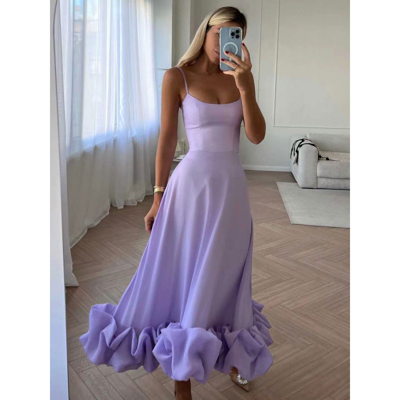 Women Party Dresses Lilac Straps Neck Pleated Sleeveless Layered Semi Formal Dress Maxi Summer