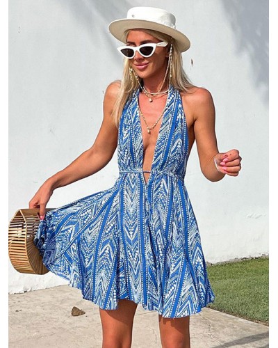 Mini Dresses Blue V-Neck Lace Up Floral Print Dress Summer Beach Resort Wear