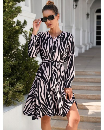 Women Leopard Print Lace Up V-Neck Long Sleeves Midi Dress Casual Daily Casual