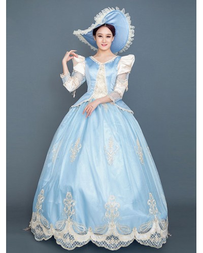 Women Light Sky Blue Retro Costumes 's Marie Antoinette Costume Ruffles Lace Polyester Hat Dress Clothing Tunic Vintage Euro-Style