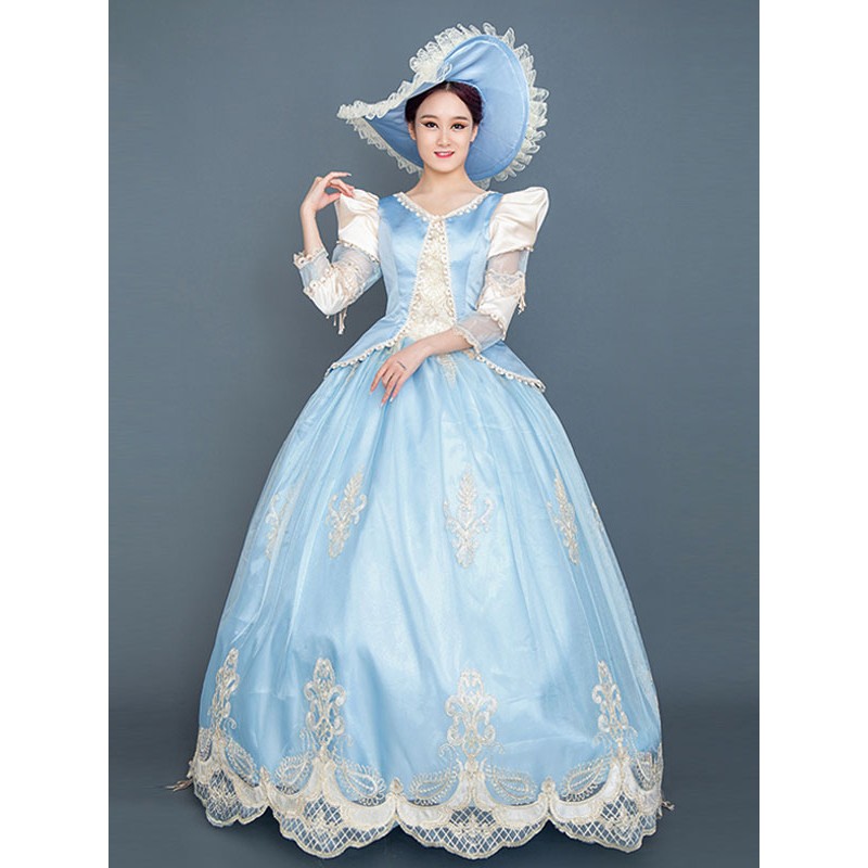 Women Light Sky Blue Retro Costumes 's Marie Antoinette Costume Ruffles Lace Polyester Hat Dress Clothing Tunic Vintage Euro-Style