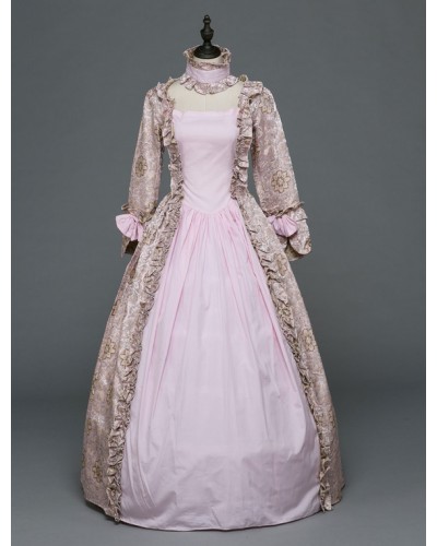 Women Victorian Dress Costume 's Pink Rococo Masquerade Ball Gown Printed Long Sleeves With Choker Victorian Era Clothing Retro Costume Halloween Sets ROCOCO