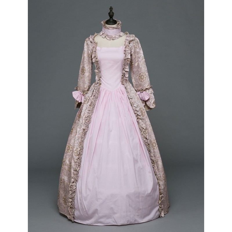 Women Victorian Dress Costume 's Pink Rococo Masquerade Ball Gown Printed Long Sleeves With Choker Victorian Era Clothing Retro Costume Halloween Sets ROCOCO