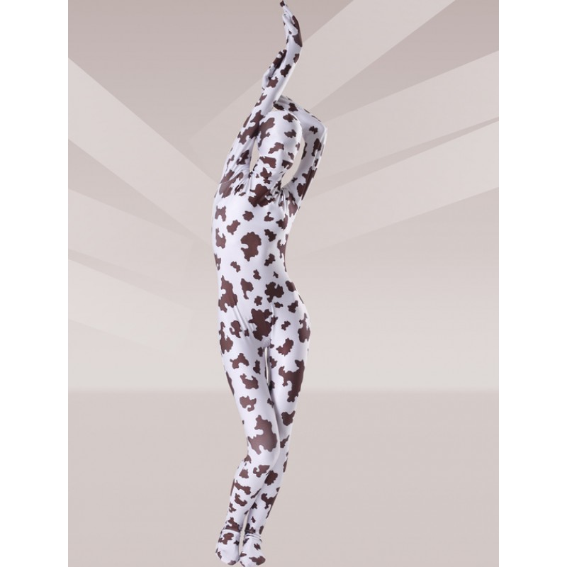 Morph Suit Brown And White Cow Print Lycra Spandex Fabric Zentai Suit Unisex Full Body Suit Bodysuit