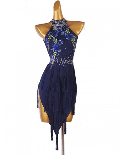 Women Latin Dance Dresses Dark Navy 's Rhinestones Floral Print Polyester Dress Dancing Wear Bodycon Sexy