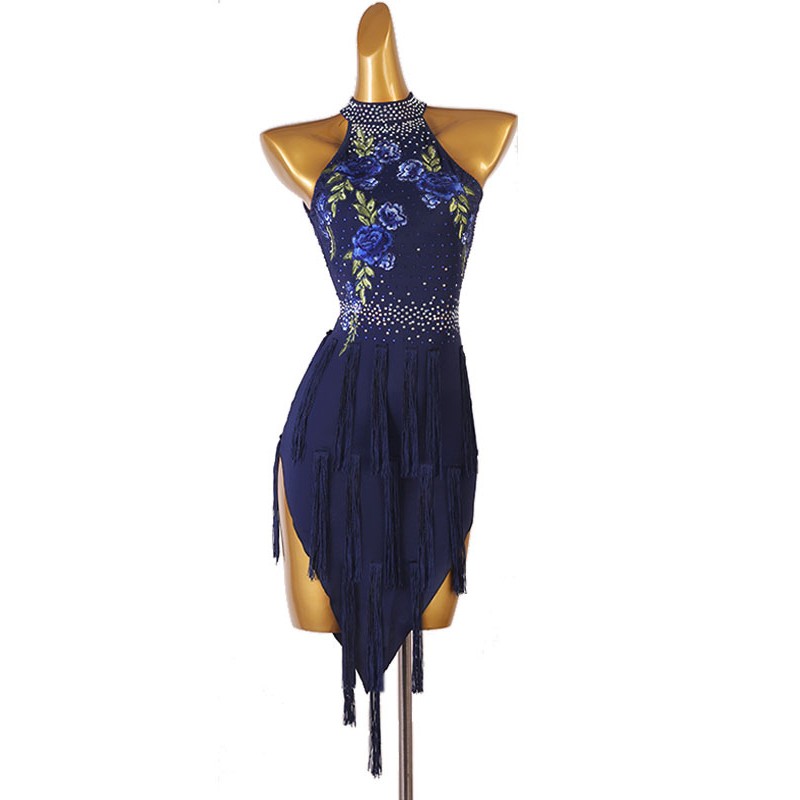 Women Latin Dance Dresses Dark Navy 's Rhinestones Floral Print Polyester Dress Dancing Wear Bodycon Sexy