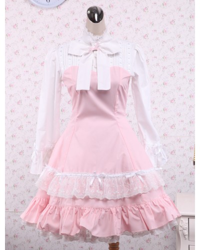 Cotton Pink And White Lace Classic Lolita Dress Classic  Traditional Spring Tea Party