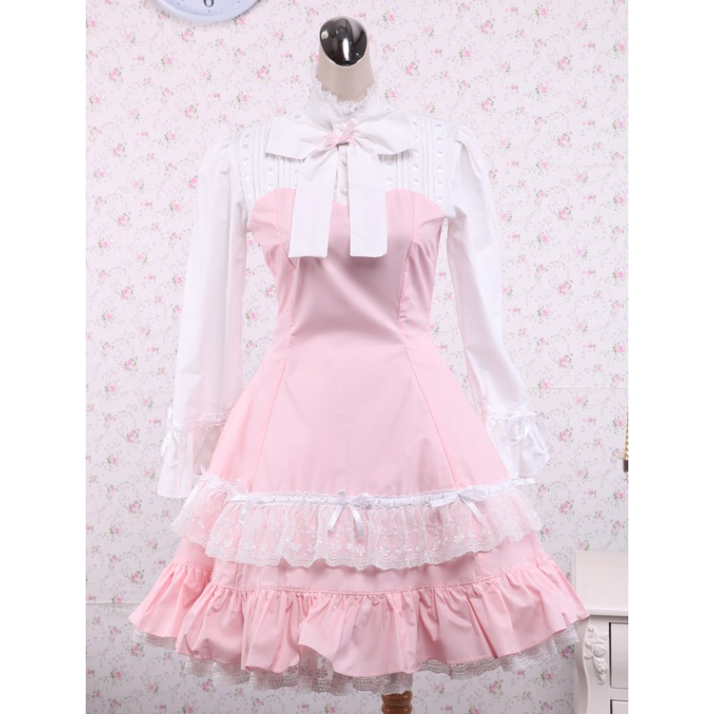 Cotton Pink And White Lace Classic Lolita Dress Classic  Traditional Spring Tea Party