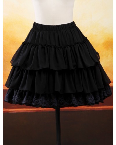 Black Chiffon Lolita Skirt Layers Ruffles Lace Trim Gothic Summer Daily Casual