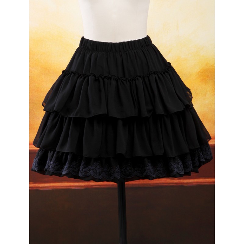 Black Chiffon Lolita Skirt Layers Ruffles Lace Trim Gothic Summer Daily Casual