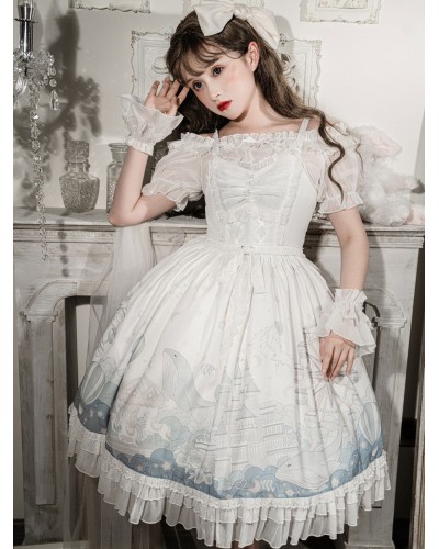 Sweet Lolita JSK Dress Lace Bows Polyester Sleeveless White Sweet Lolita Jumper Skirt