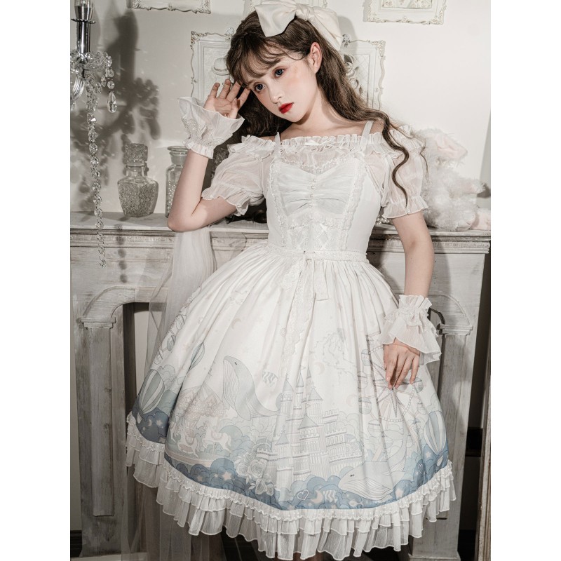 Sweet Lolita JSK Dress Lace Bows Polyester Sleeveless White Sweet Lolita Jumper Skirt