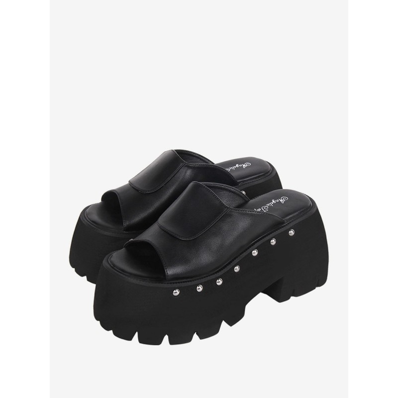 Gothic Lolita Sandals Rivets Round Toe PU Leather Black Lolita Summer Shoes