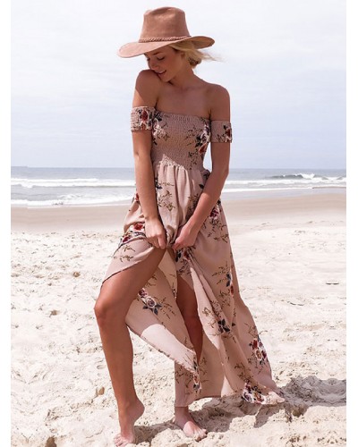 Women Chiffon Maxi Dress 's Off The Shoulder Short Sleeve High Slit Floral Printed Long Dress Chic  Modern Summer