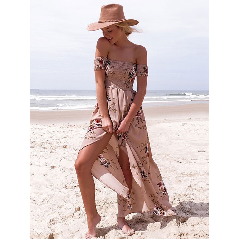 Women Chiffon Maxi Dress 's Off The Shoulder Short Sleeve High Slit Floral Printed Long Dress Chic  Modern Summer