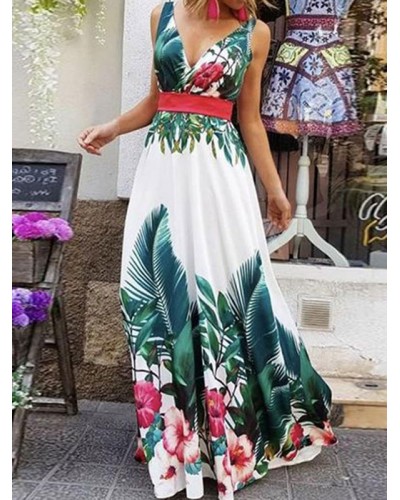 Dresses Sleeveless White Floral Printed Pattern V-Neck Lace Up Layered Floor Length Dress Maxi Beach Resort Wear