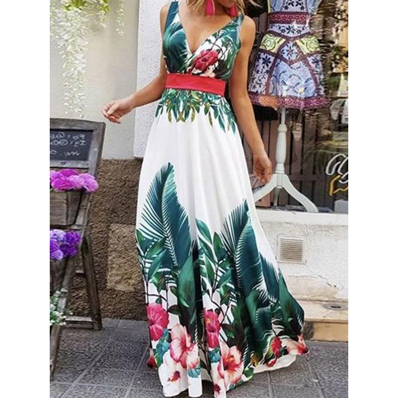 Dresses Sleeveless White Floral Printed Pattern V-Neck Lace Up Layered Floor Length Dress Maxi Beach Resort Wear