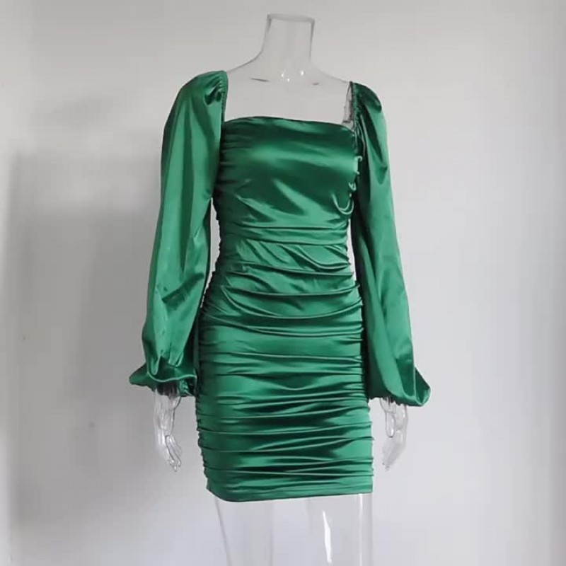 Dresses Birthday Green Long Sleeves Sexy Square Neck Body-conscious Dress Sheath Dress Bodycon Dating