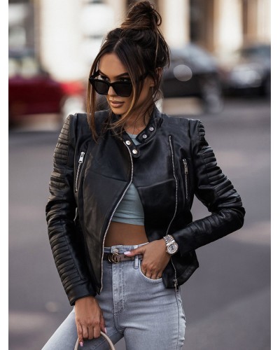 PU Shoulder Pads Zipper Short Outerwear Leather Jacket Spring Fall Winter