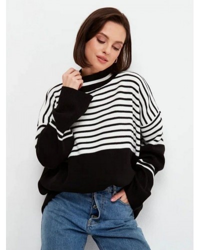 Women Pullovers High Collar Long Sleeves Two-Tone Daily Sweaters Chic  Modern Casual Spring Fall Winter