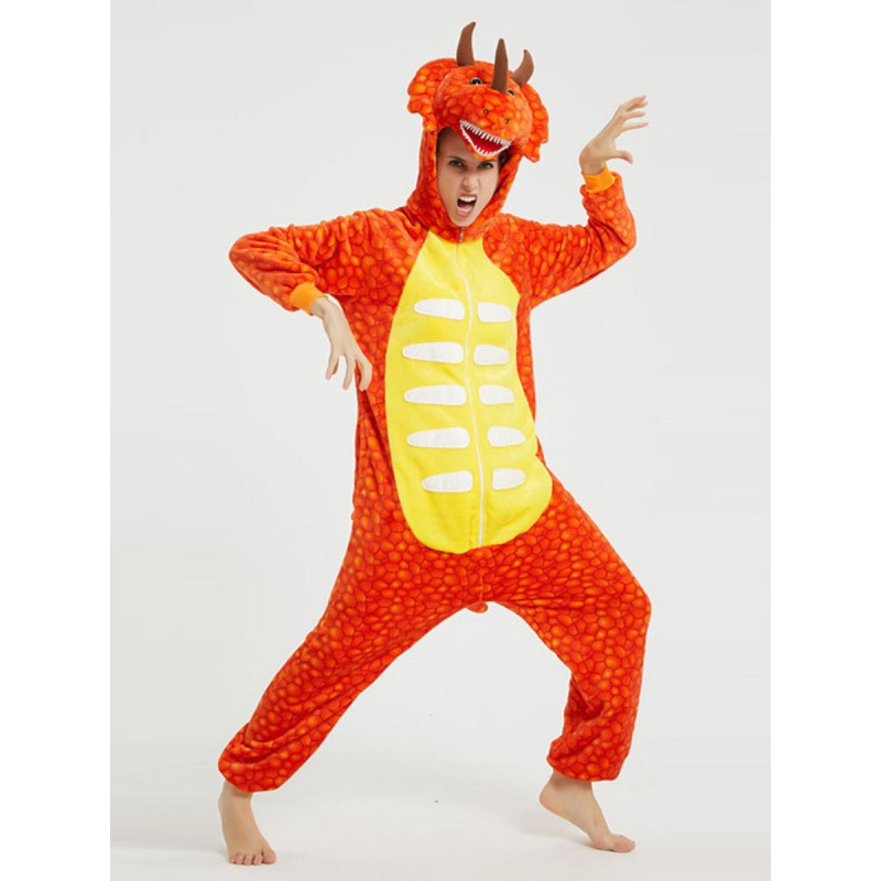 Women Kigurumi Onesie Pajamas For Adult Oragnge Red Polyester Kigurumi Dinosaur Costumes