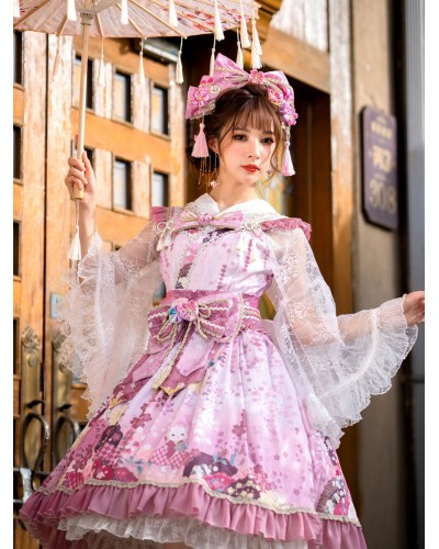 Japanese Style Lolita Costumes Lolita Dresses Polyester Bows Floral Print Kimono Sleeveless Pink