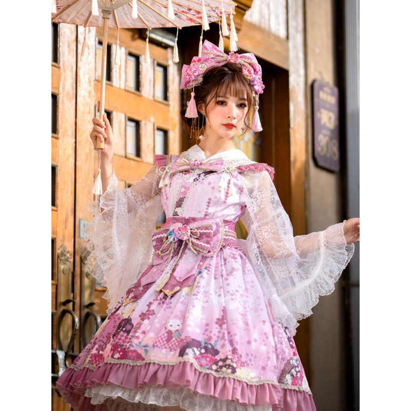 Japanese Style Lolita Costumes Lolita Dresses Polyester Bows Floral Print Kimono Sleeveless Pink