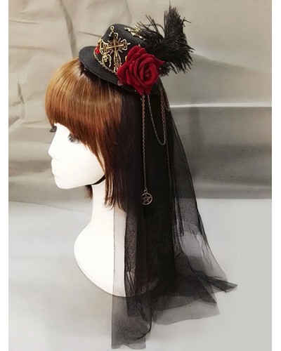 Lolita Headdress Feather Floral Hat Metallic Pleated Tulle Black Lolita Veil Steampunk