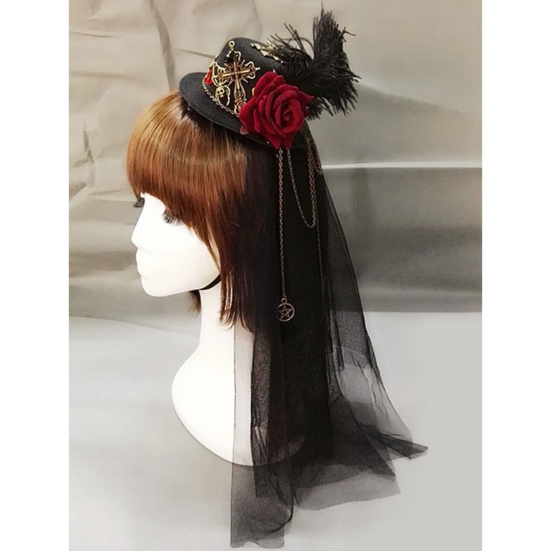 Lolita Headdress Feather Floral Hat Metallic Pleated Tulle Black Lolita Veil Steampunk