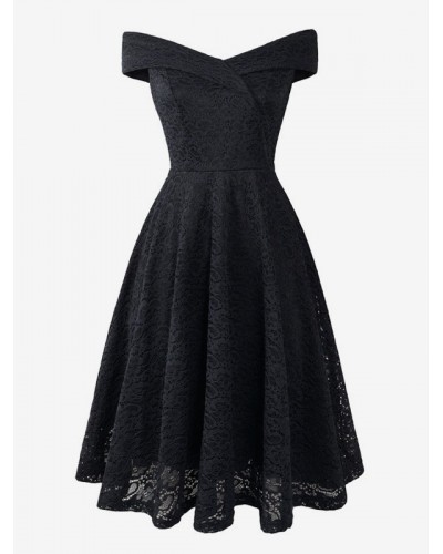 Lace Dresses Dark Navy V-Neck Sleeveless Open Shoulder Lace Hollow Out Wrap Dresses Retro Summer