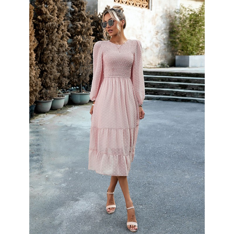 Midi Dress Pleated Layered Jewel Neck Long Sleeves Fall Dress Bodycon Daily Casual Dating