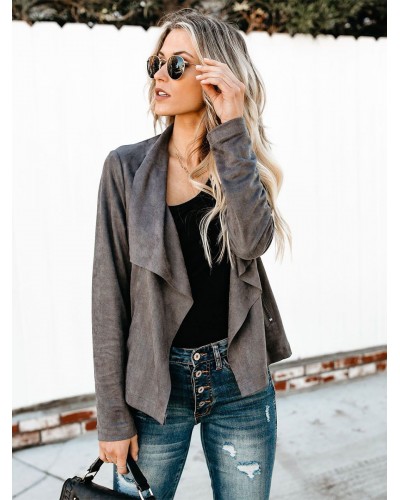 Suede Jacket Turndown Collar Long Sleeve Fall Outerwear Casual Chic  Modern