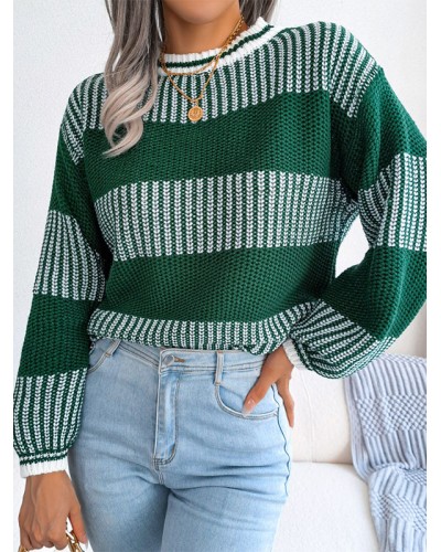 Women Pullover Sweater Green Two-Tone Jewel Neck Long Sleeves Acrylic Sweaters Casual Street Wear