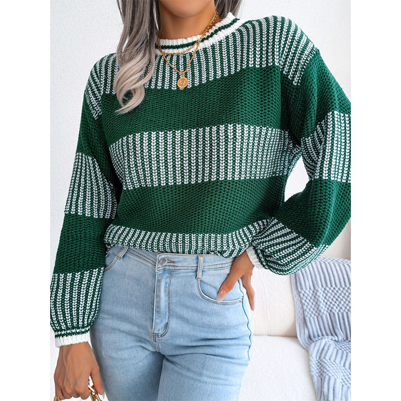 Women Pullover Sweater Green Two-Tone Jewel Neck Long Sleeves Acrylic Sweaters Casual Street Wear