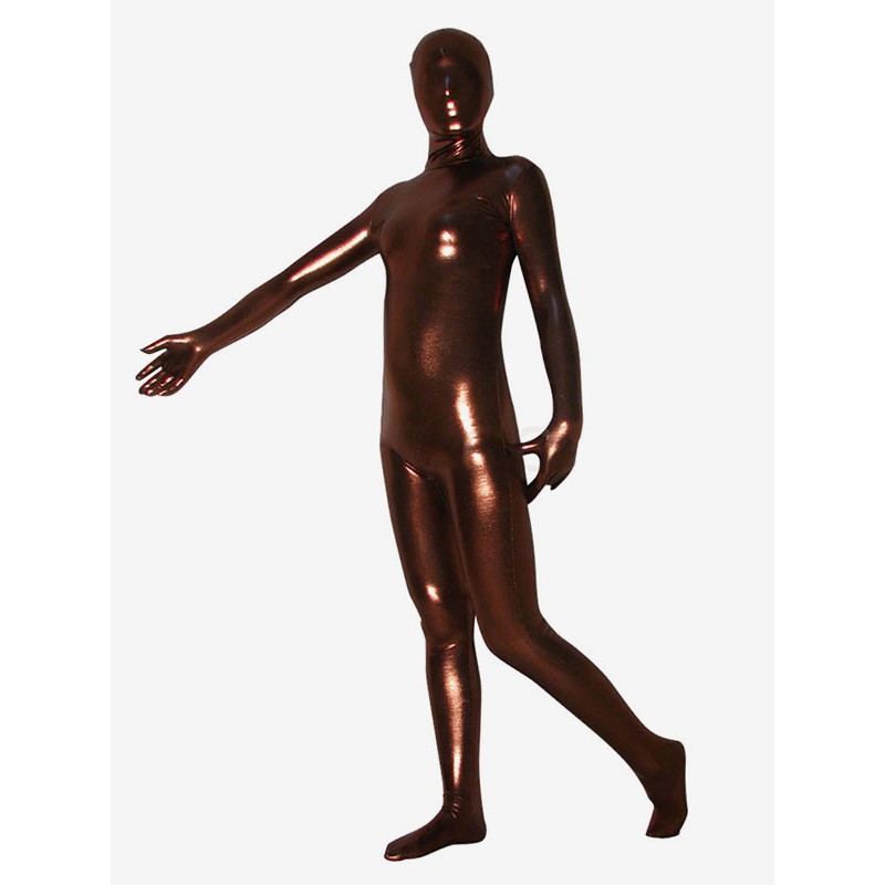 Unisex Halloween Coffee Brown Shiny Metallic Zentai Suit Solid