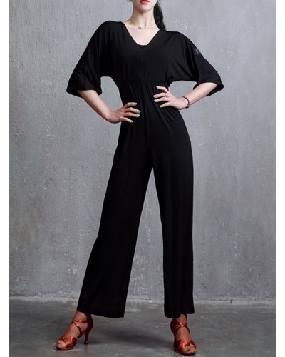 Women Latin Dance Jumpsuit Black V-Neck Long Sleeves Lycra Spandex Jumpsuit Dancing Costume