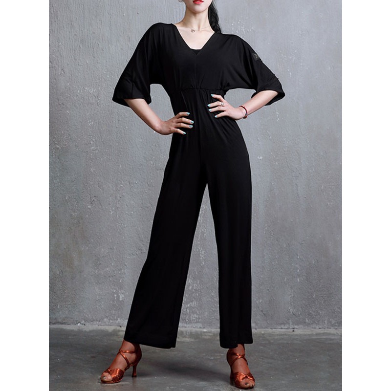 Women Latin Dance Jumpsuit Black V-Neck Long Sleeves Lycra Spandex Jumpsuit Dancing Costume