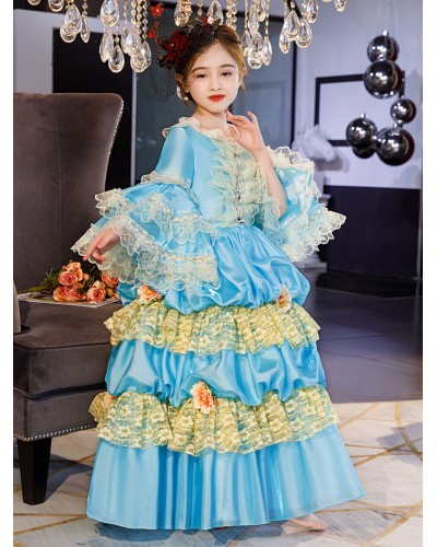 Polyester Fiber Tea Party Ruffles 3/4 Length Sleeves Polyester Dress ROCOCO Style Blue Kids' Lolita Dresses