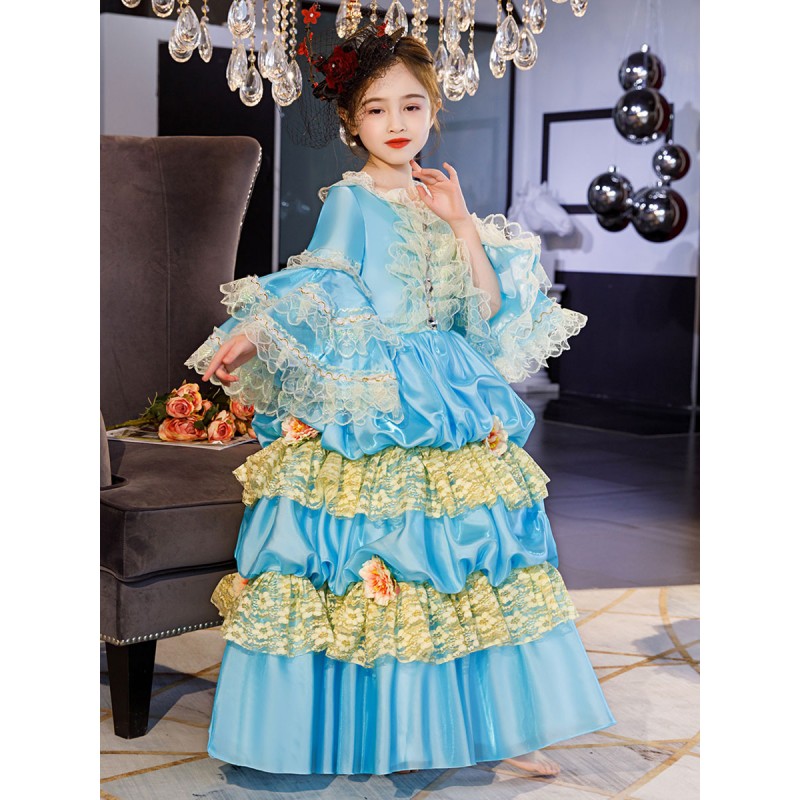 Polyester Fiber Tea Party Ruffles 3/4 Length Sleeves Polyester Dress ROCOCO Style Blue Kids' Lolita Dresses