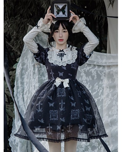 Gothic Lolita Dresses Bows Lace Butterfly Pattern Black Black