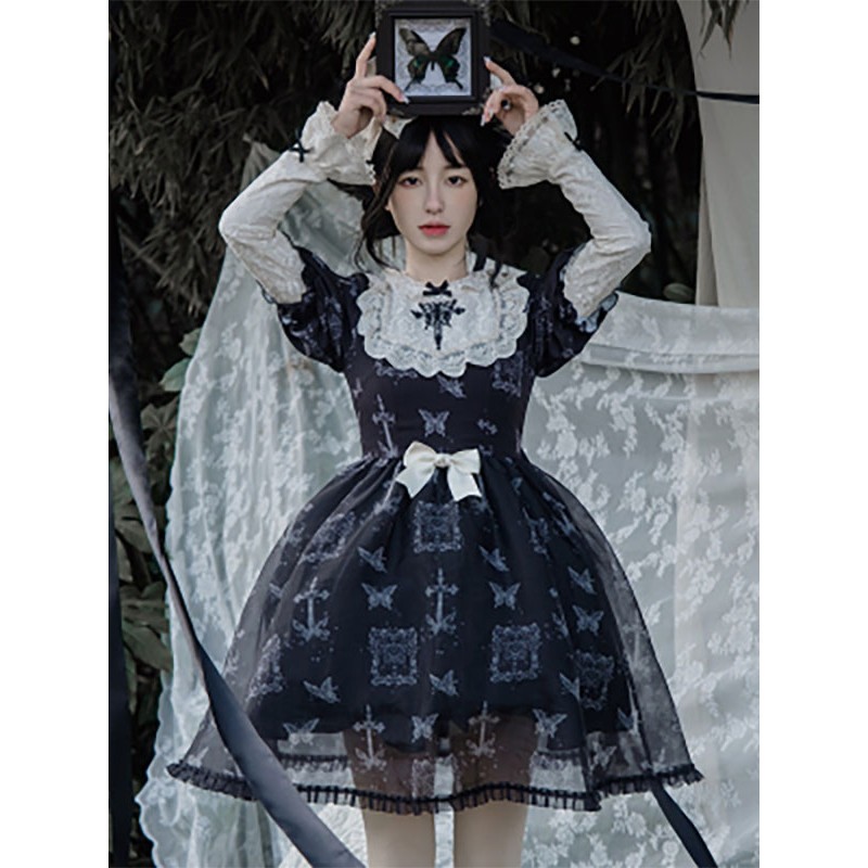 Gothic Lolita Dresses Bows Lace Butterfly Pattern Black Black