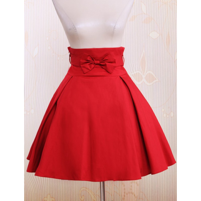 Simple Dark Red Bow Cotton Lolita Skirt Classic  Traditional Summer Daily Casual