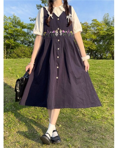 Sweet Lolita Dress Polyester Sleeveless Embroidered Jumper Academic Dress