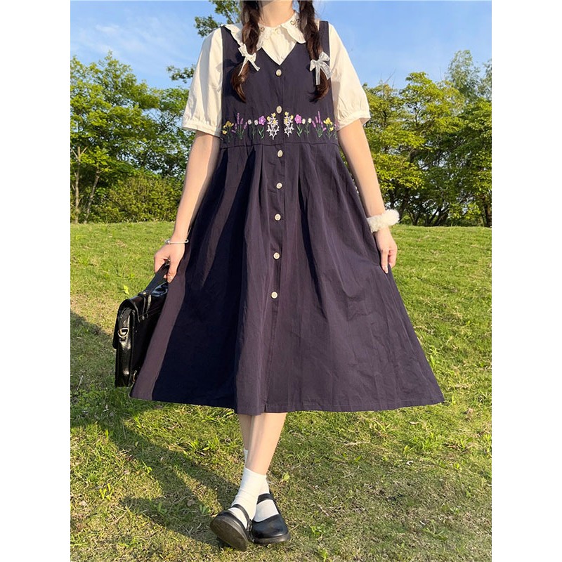 Sweet Lolita Dress Polyester Sleeveless Embroidered Jumper Academic Dress