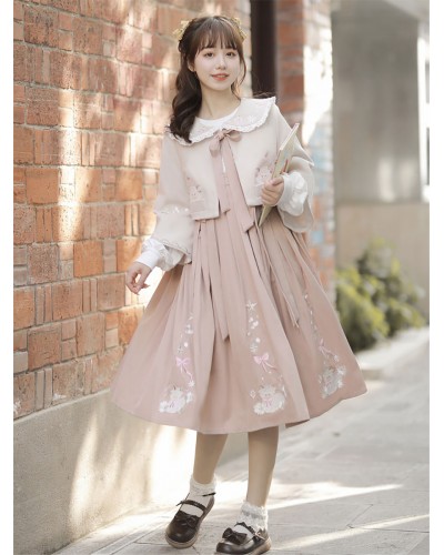 Lolita Outfits Pink Embroidered Bows Long Sleeves Overcoat Jumper Sweet