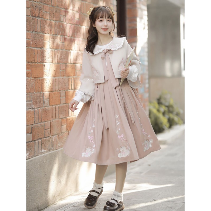 Lolita Outfits Pink Embroidered Bows Long Sleeves Overcoat Jumper Sweet