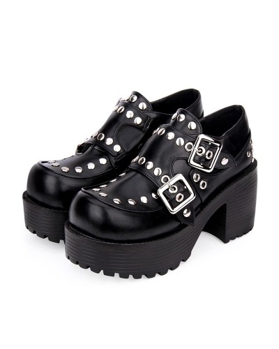 Lolita Footwear Rivet Buckle Chunky Heel Platform Black Lolita Shoes Punk Daily Casual Tea Party