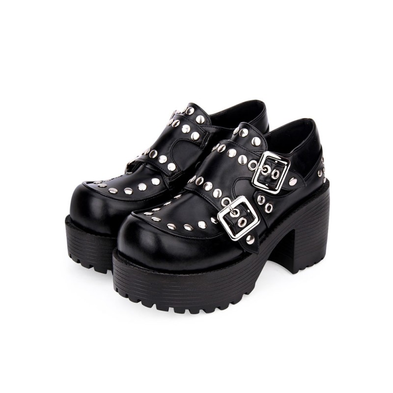 Lolita Footwear Rivet Buckle Chunky Heel Platform Black Lolita Shoes Punk Daily Casual Tea Party