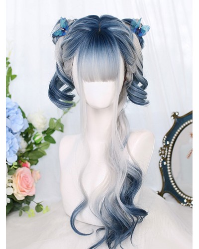 Lolita Wigs Blue Long Heat-resistant Fiber Highlighting Hair Lolita Accessories Harajuku Fashion Daily Casual Tea Party